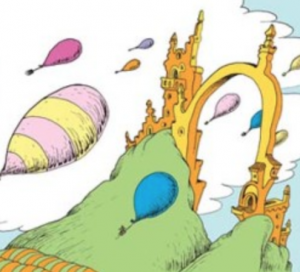 Excerpt from Dr. Seuss cartoon of hills, a castle and arch, and balloons floating into sky